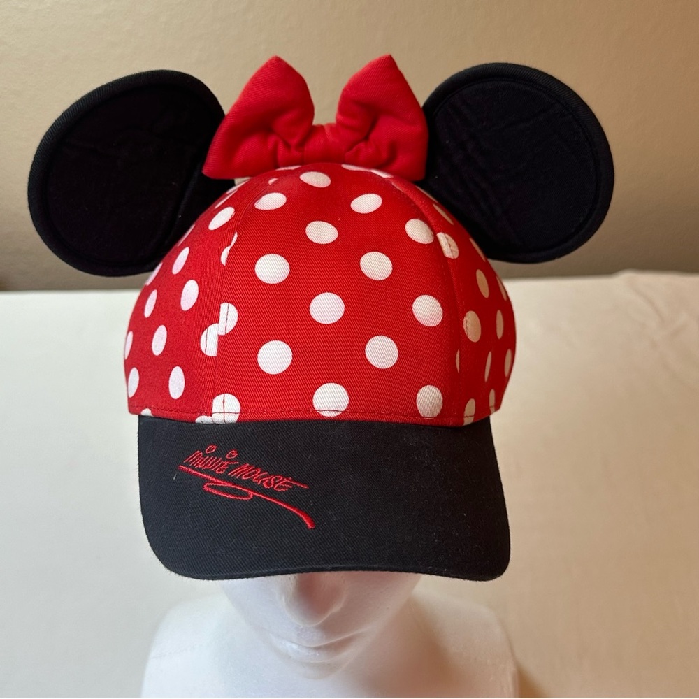 Disney Parks Minnie Mouse Ear Polka Dot Bow Cute Baseball Cap Hat Youth Size EUC
